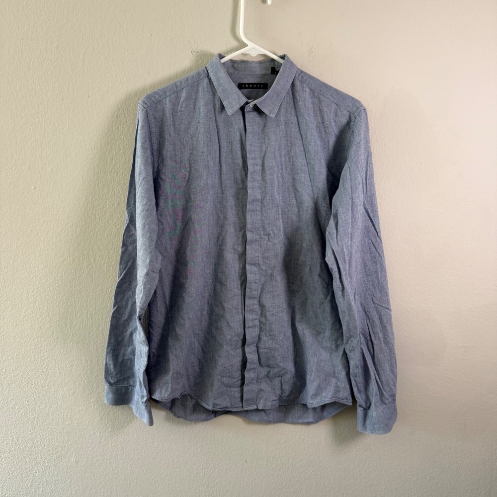 Theory Mens Blue Hidden Placket Long Sleeve Button Down Shirt Size M
